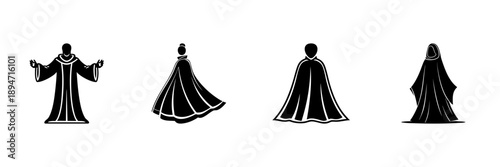 Monk And Cloaked Figures In Hand Drawn Style Set. Religious And Mystical Attire Doodle Sketch Collection. Spirituality And Tradition. Isolated Vector Illustration