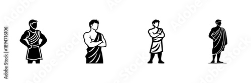 Ancient Greek Warrior Figures In Hand Drawn Style Set. Classical Mythology, Historical Costume, Heroic Stance Doodle Sketch Collection. Cultural Heritage Representation. Isolated Vector Illustration
