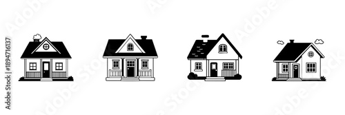 Four Cozy Cottage Houses In Hand Drawn Style Set. Residential Architecture, Home Design, Suburban Living Doodle Sketch Collection. Charming Neighborhood. Isolated Vector Illustration