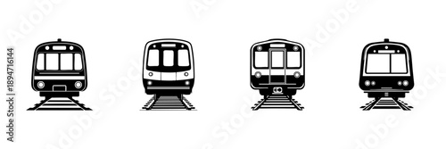 Front View Train Icons In Hand Drawn Style Set. Public Transportation, Urban Transit, Railway System Doodle Sketch Collection. Commuter Travel, Subway, Metro. Isolated Vector Illustration