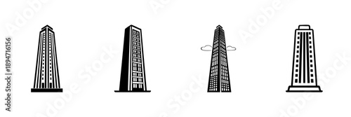 Skyscraper Icon Set In Hand Drawn Style. Urban Architecture, Cityscape, High-Rise Building Doodle Sketch Collection. Modern City Design Elements. Isolated Vector Illustration