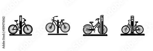 Bicycles At Charging Stations In Hand Drawn Style Set. Electric Bike Charging, Eco-Friendly Transportation Doodle Sketch Collection. Sustainable Urban Mobility. Isolated Vector Illustration