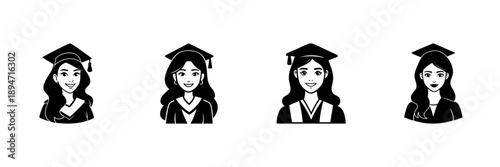 Female Graduates In Cap And Gown In Hand Drawn Style Set. Academic Achievement, Graduation Celebration, Education Success Doodle Sketch Collection. Isolated Vector Illustration