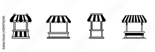 Market Stall Icons In Hand Drawn Style Set. Retail, Street Vendor, Pop-Up Shop Doodle Sketch Collection. Small Business Promotion. Isolated Vector Illustration