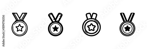 Medal With Star In Hand Drawn Style Set. Achievement, Recognition, Award Symbol Doodle Sketch Collection. Success And Excellence Representation. Isolated Vector Illustration