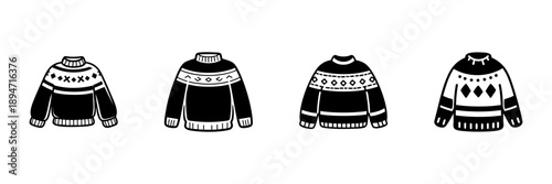 Four Cozy Sweaters With Geometric Patterns In Hand Drawn Style Set. Winter Fashion, Warm Clothing, Seasonal Apparel Doodle Sketch Collection. Isolated Vector Illustration