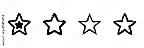 Hand Drawn Star Icons In Doodle Sketch Style Set. Rating, Achievement, And Decoration Symbol Collection. Isolated Vector Illustration