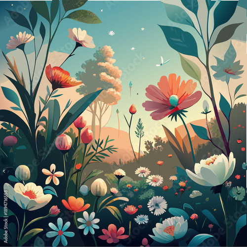 A romantic floral garden painting illustration