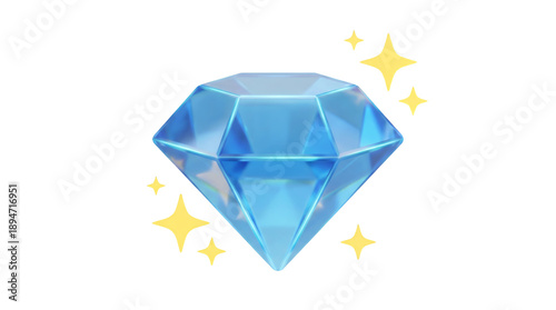 Blue diamond gemstone in 3D cartoon style with golden sparkles and glowing reflections