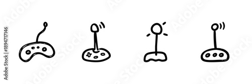 Game Controllers And Joysticks Line Icon Set In Doodle Style. Gaming Interaction, Console Control, And Entertainment Devices Outline Sketch Collection. Hand Drawn Isolated Vector Illustration