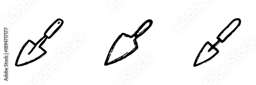 Garden Trowel Line Icon Set In Doodle Style. Gardening Tools And Planting Equipment Outline Sketch Collection. Hand Drawn Isolated Vector Illustration