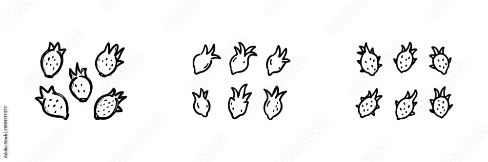 Fototapeta premium Dragon Fruit Line Icon Set In Doodle Style. Exotic Fruit, Tropical Produce, And Healthy Eating Outline Sketch Collection. Hand Drawn Isolated Vector Illustration