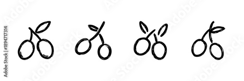 Cherry Icons in Hand Drawn Style Set. Fresh Fruit, Organic Food, Healthy Nutrition, Natural Sweetness And Seasonal Produce Doodle Sketch Collection. Farm Harvest Symbols. Vector Illustration