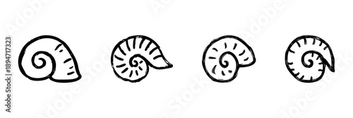 Seashell Spiral Line Icon Set In Doodle Style. Nautical And Marine Life Symbolism Outline Sketch Collection. Coastal And Oceanic Theme. Hand Drawn Isolated Vector Illustration