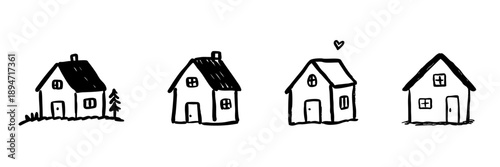 Four Cozy House Line Icons In Doodle Style. Home Sweet Home, Real Estate, And Family Living Outline Sketch Collection. Hand Drawn Isolated Vector Illustration