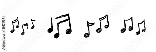 Musical Notes Line Icon Set In Doodle Style. Melody, Rhythm, And Sound Representation Outline Sketch Collection. Music Symbolism And Creativity. Hand Drawn Isolated Vector Illustration