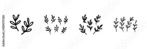 Botanical Leaf Sprigs Line Icon Set In Doodle Style. Nature, Organic Growth, And Eco-Friendly Design Elements Outline Sketch Collection. Hand Drawn Isolated Vector Illustration