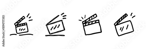 Film Clapperboard Line Icon Set In Doodle Style. Movie Production, Filmmaking, And Cinema Industry Outline Sketch Collection. Hand Drawn Isolated Vector Illustration