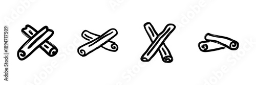 Cinnamon Sticks Line Icon Set In Doodle Style. Spice, Flavoring, And Culinary Ingredient Outline Sketch Collection. Aromatic And Fragrant Cooking Elements. Hand Drawn Isolated Vector Illustration