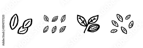 Cocoa Beans And Leaves Line Icon Set In Doodle Style. Chocolate Production And Agriculture Outline Sketch Collection. Hand Drawn Isolated Vector Illustration