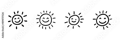 Smiling Sun Faces Line Icon Set In Doodle Style. Cheerful Weather, Happiness, And Positivity Symbols Outline Sketch Collection. Hand Drawn Isolated Vector Illustration
