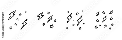 Lightning Bolts And Stars Line Icon Set In Doodle Style. Energy, Inspiration, And Creativity Outline Sketch Collection. Hand Drawn Isolated Vector Illustration