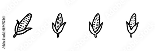 Corn Cob Line Icon Set In Doodle Style. Agriculture, Farming, And Harvesting Outline Sketch Collection. Organic Food And Crop Symbol. Hand Drawn Isolated Vector Illustration