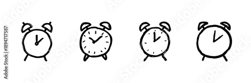 Alarm Clock Line Icon Set In Doodle Style. Time Management, Punctuality, And Wake-Up Call Outline Sketch Collection. Hand Drawn Isolated Vector Illustration