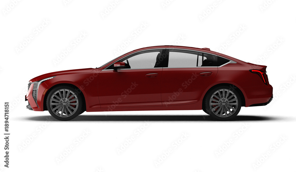 Fototapeta premium Photorealistic 3D render of a sleek modern red sedan car in full left side profile view isolated on transparent background
