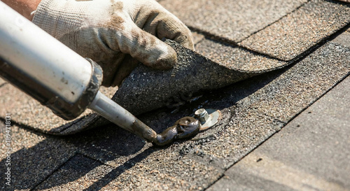 Wallpaper Mural Roofer sealing roof nail penetration with black tar sealant Torontodigital.ca