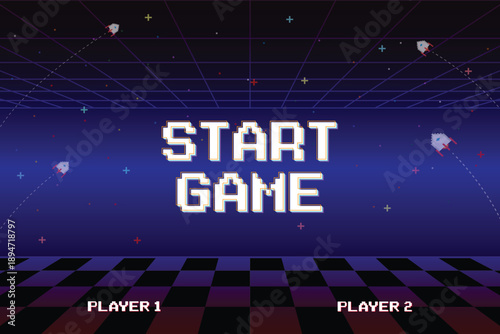 START GAME. Retro Futurism Sci-Fi Background. glowing neon grid and star from vintage arcade computer games