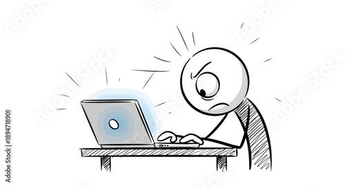 Frustrated stick figure working on a laptop computer with angry expression.