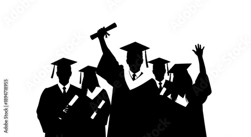 Graduation ceremony celebration with students in caps and gowns holding diplomas.