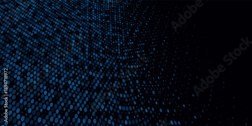 Glowing blue dotted texture. Abstract curved dot grid wallpaper. Circle halftone pattern background. Dark navy backdrop for technology, business, science, healthcare, medicine design. Eps10
