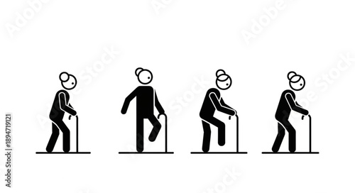 Four stick figures showing progression of aging and mobility aids.