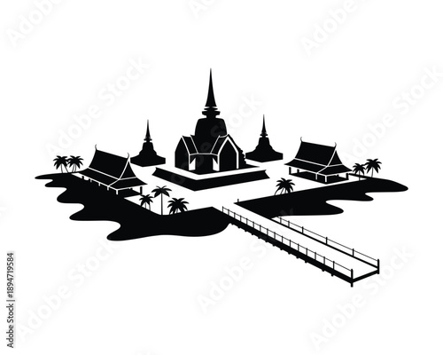 black silhouette of thai temple and palm trees