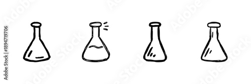 Laboratory Flask Line Icon Set In Doodle Style. Scientific Experimentation And Chemical Analysis Outline Sketch Collection. Hand Drawn Isolated Vector Illustration