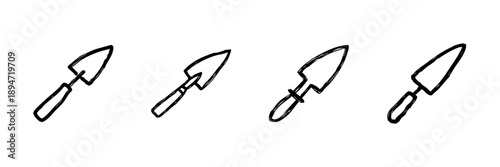 Garden Trowel Line Icon Set In Doodle Style. Gardening Tool, Planting, And Soil Cultivation Outline Sketch Collection. Hand Drawn Isolated Vector Illustration