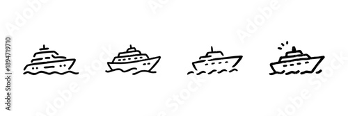Yacht Line Icon Set In Doodle Style. Luxury Boating, Marine Travel, And Nautical Adventure Outline Sketch Collection. Hand Drawn Isolated Vector Illustration