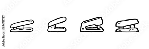 Stapler Line Icon Set In Doodle Style. Office Supplies And Stationery Tools Outline Sketch Collection. Hand Drawn Isolated Vector Illustration
