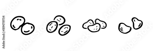 Beans And Seeds Line Icon Set In Doodle Style. Agriculture, Nutrition, And Plant-Based Protein Outline Sketch Collection. Hand Drawn Isolated Vector Illustration