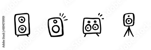 Speaker Line Icon Set In Doodle Style. Audio Equipment, Sound System, And Music Playback Outline Sketch Collection. Hand Drawn Isolated Vector Illustration