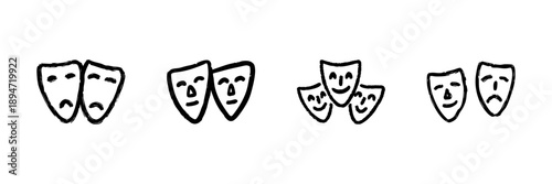 Theater Masks Line Icon Set In Doodle Style. Comedy And Tragedy, Performing Arts, And Drama Representation Outline Sketch Collection. Hand Drawn Isolated Vector Illustration