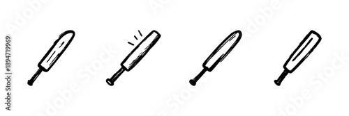 Cricket Bat Line Icon Set In Doodle Style. Sports Equipment, Game Play, And Cricket Enthusiast Outline Sketch Collection. Hand Drawn Isolated Vector Illustration