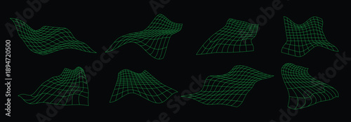 Εκτύπωση καμβά green neon distorted grid set rippled wireframe collection