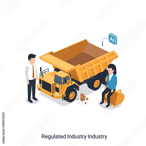 Illustration of man and woman with dump truck and AI symbol.