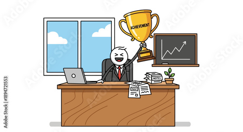 Happy businessman holding a trophy at his office desk.