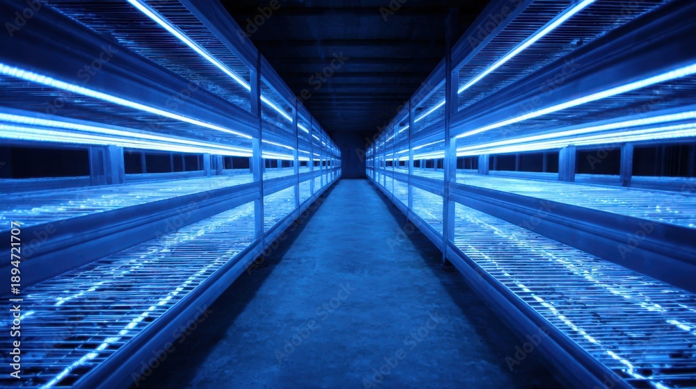 Fototapeta premium Rows of vertical hydroponic farm racks illuminated by bright blue grow lights, showcasing advanced indoor agriculture technology.