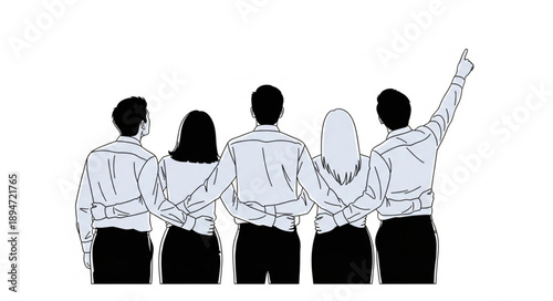 Group of five friends standing together arms around shoulders.