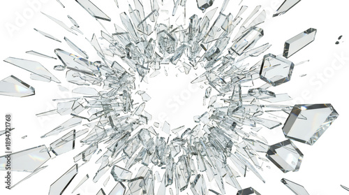 Explosion of shattered glass shards in crystalline 3D style on white background